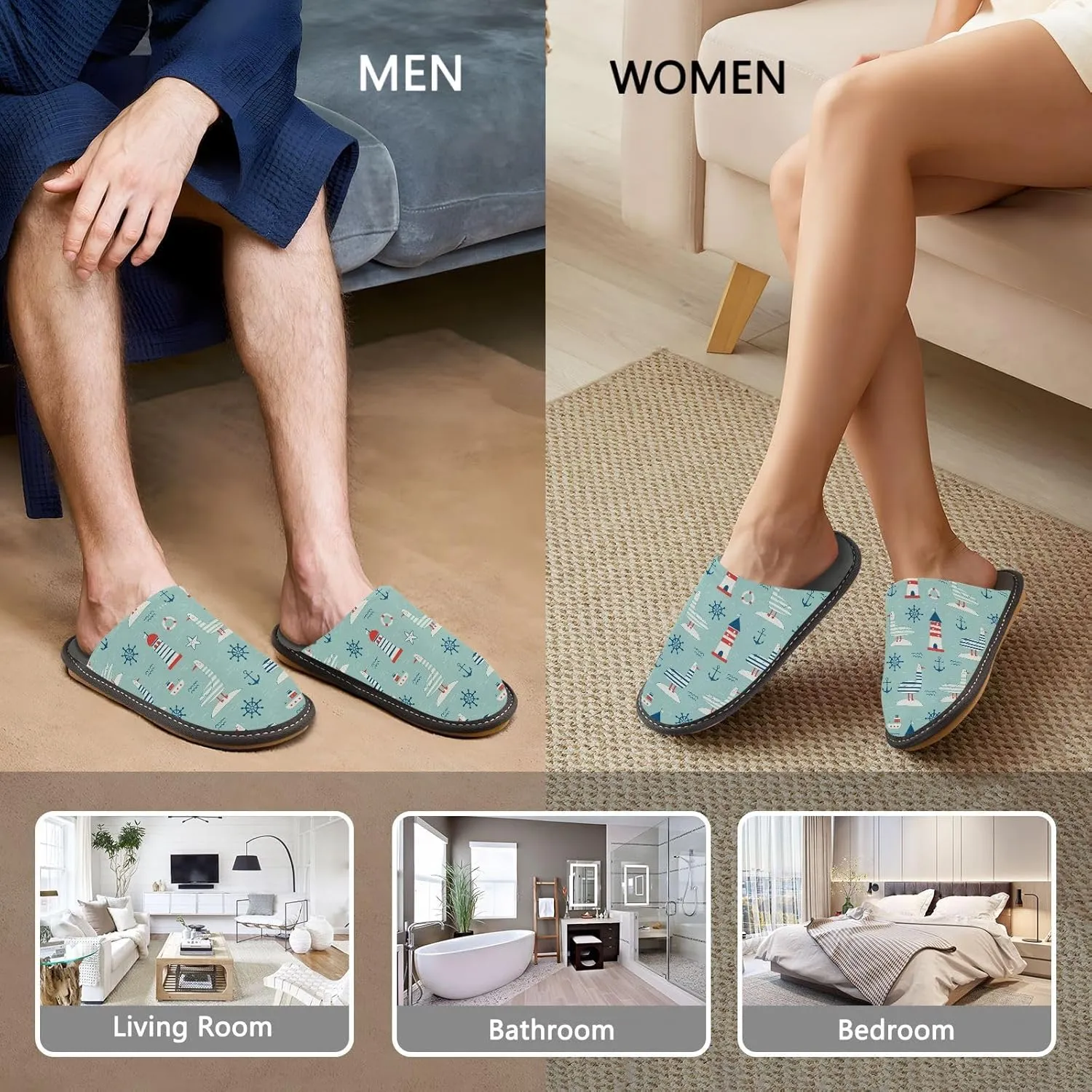 Women's Mens Cosy Slippers, Nautical Lighthouse Gulls Anchors Green Unisex Casual Slip-On Breathable Memory Foam Scuff Lazy House Shoes for Indoor/Outdoor Size 4-11