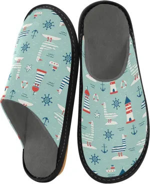 Women's Mens Cosy Slippers, Nautical Lighthouse Gulls Anchors Green Unisex Casual Slip-On Breathable Memory Foam Scuff Lazy House Shoes for Indoor/Outdoor Size 4-11