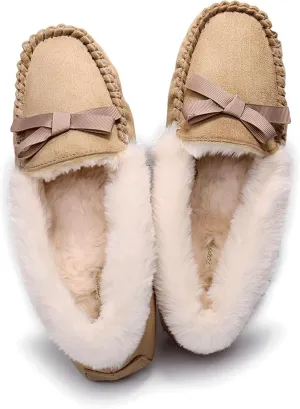 Women's Moccasin Slippers - Slip On House Slipper Warm Faux Fur lined Indoor Outdoor Shoe