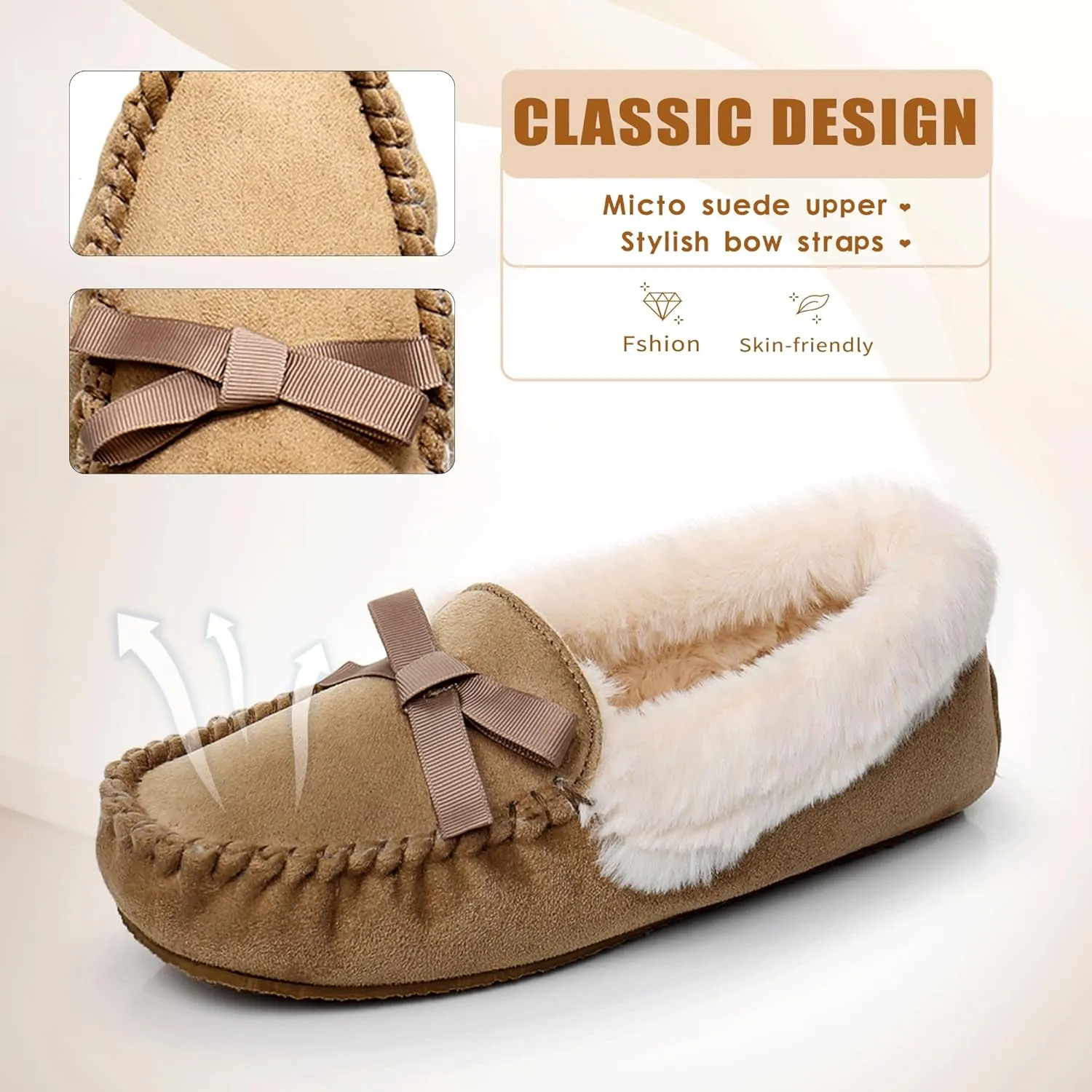 Women's Moccasin Slippers - Slip On House Slipper Warm Faux Fur lined Indoor Outdoor Shoe