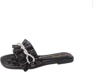 Women's Ruffles Pearl Round Open Toe Flat Slides Sandals Cut Slip on Summer Fashion Comfy Dressy Slippers Outdoor Boho Foot Bed Beach Walking Sandals