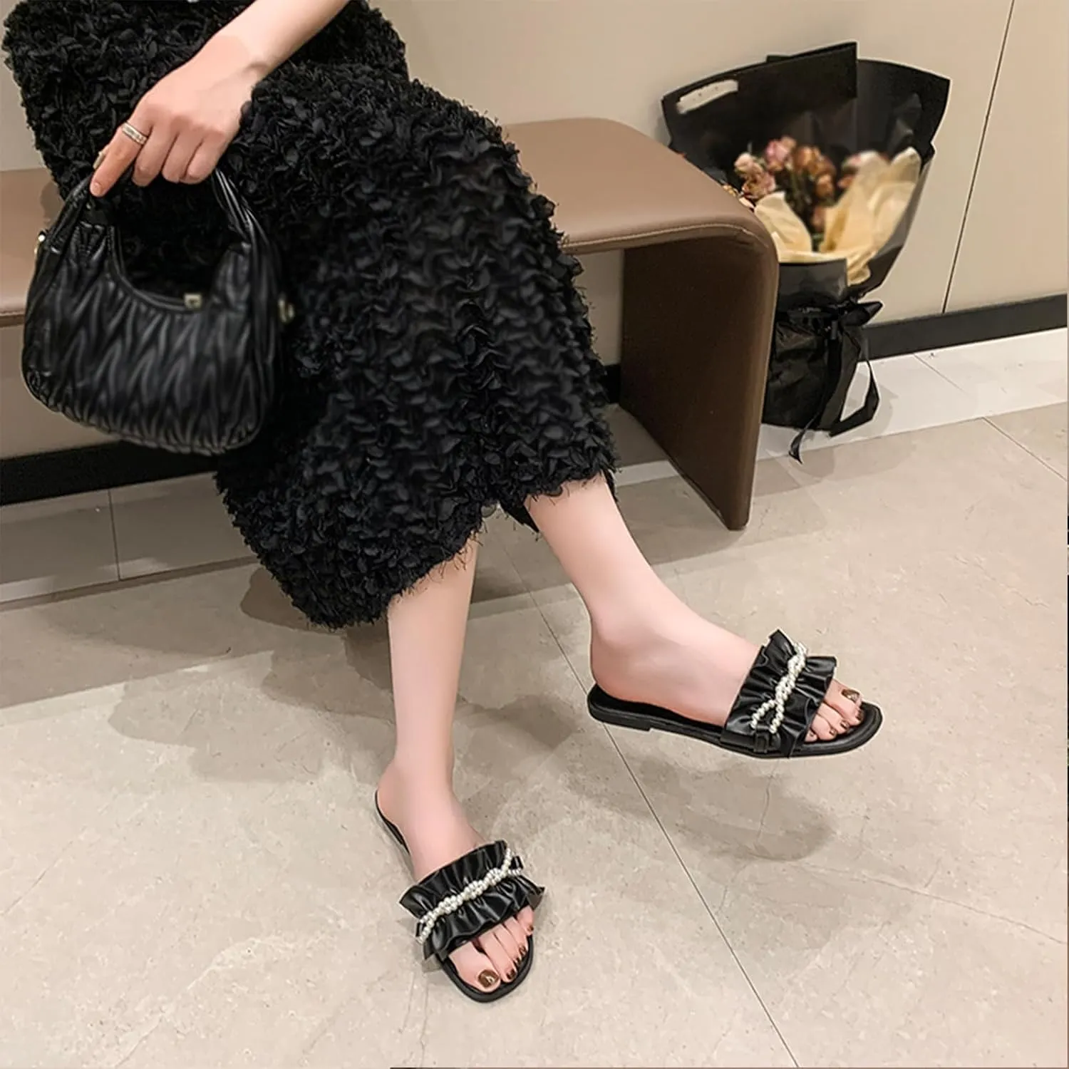 Women's Ruffles Pearl Round Open Toe Flat Slides Sandals Cut Slip on Summer Fashion Comfy Dressy Slippers Outdoor Boho Foot Bed Beach Walking Sandals