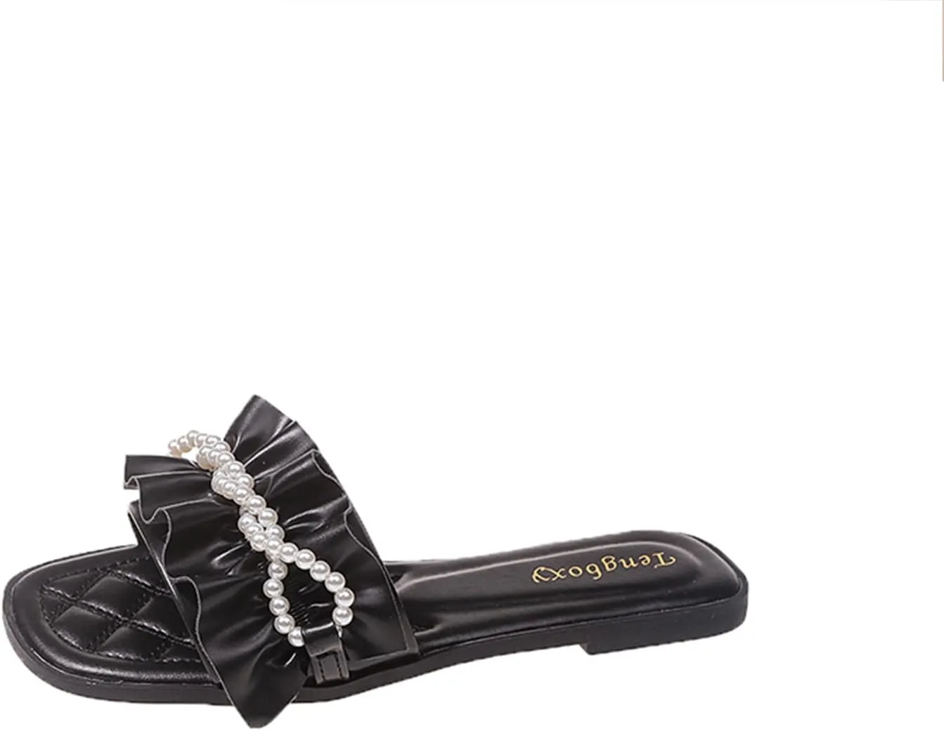 Women's Ruffles Pearl Round Open Toe Flat Slides Sandals Cut Slip on Summer Fashion Comfy Dressy Slippers Outdoor Boho Foot Bed Beach Walking Sandals