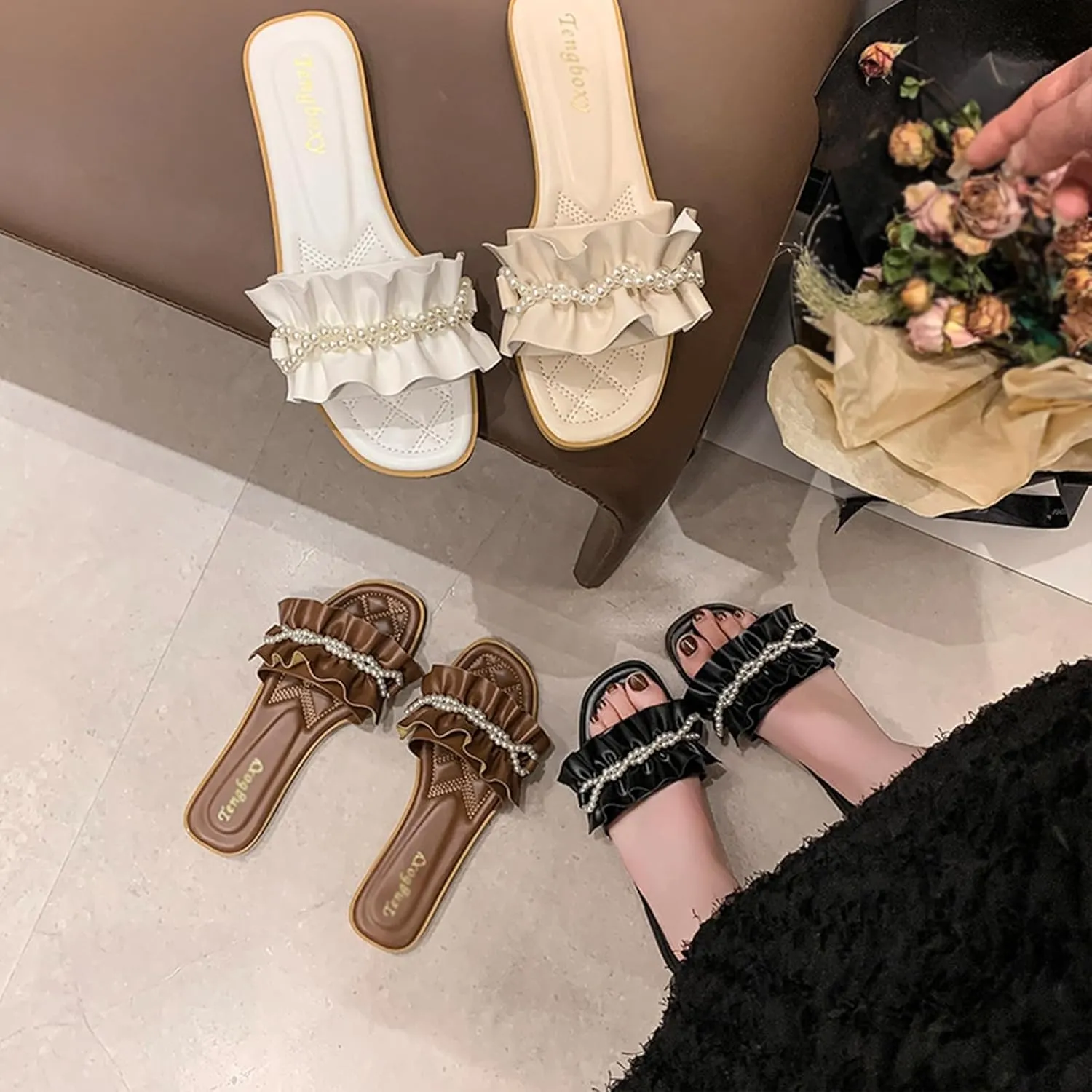 Women's Ruffles Pearl Round Open Toe Flat Slides Sandals Cut Slip on Summer Fashion Comfy Dressy Slippers Outdoor Boho Foot Bed Beach Walking Sandals