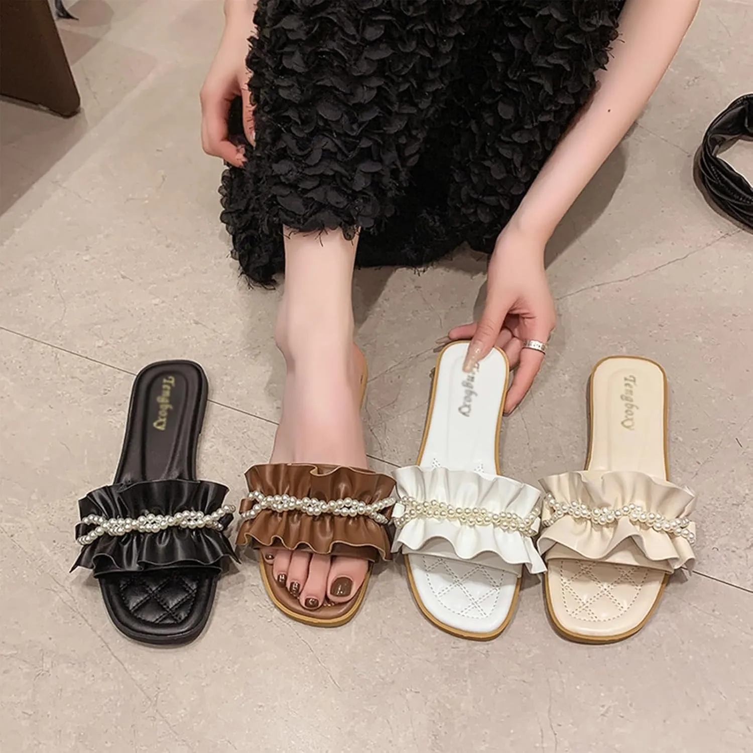 Women's Ruffles Pearl Round Open Toe Flat Slides Sandals Cut Slip on Summer Fashion Comfy Dressy Slippers Outdoor Boho Foot Bed Beach Walking Sandals