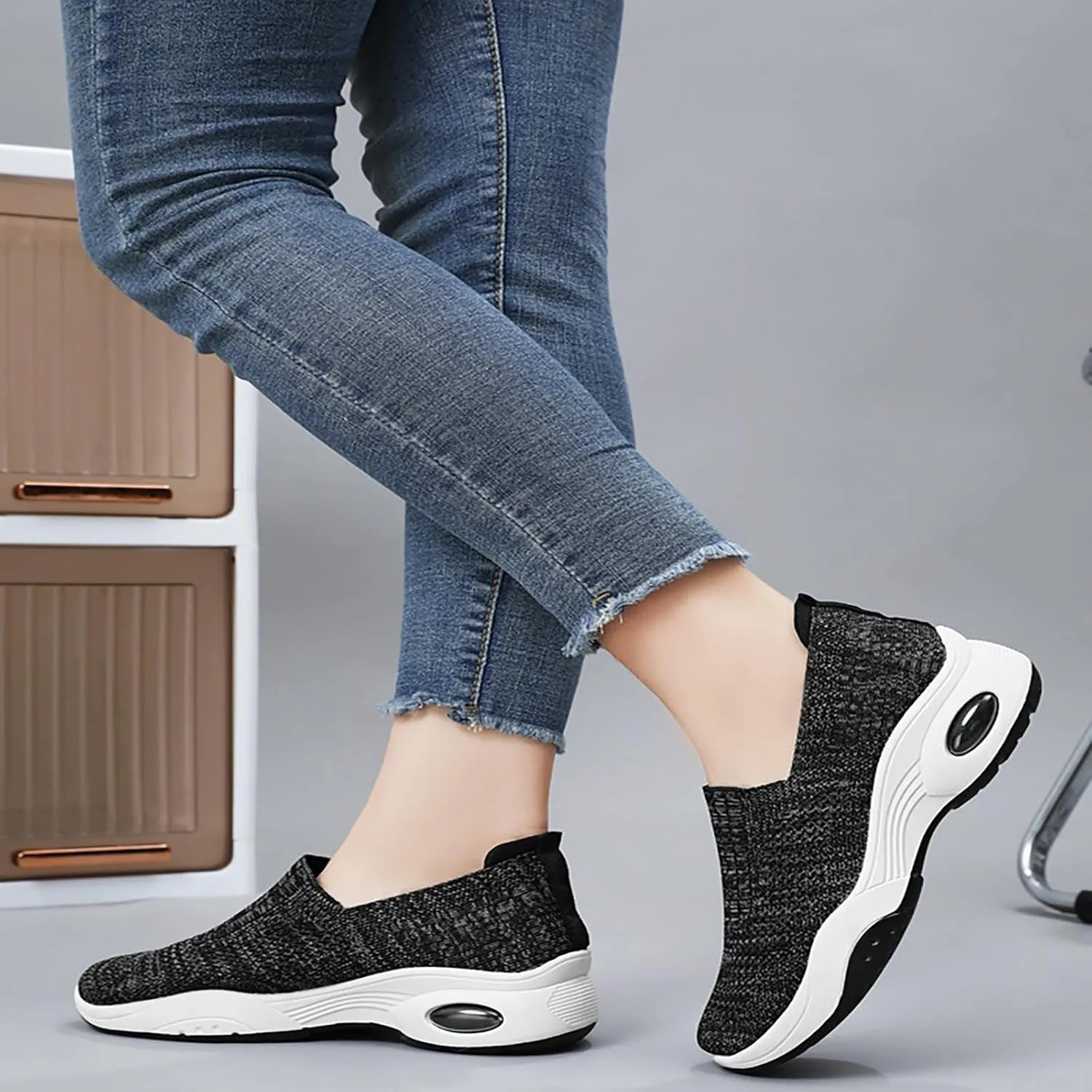 Women's Slip-On Orthopedic Sneakers - Breathable Mesh Knitted Walking Shoes with Wide Width, Arch Support & Non-Slip Sole - Lightweight Low-Top Design for All-Day Comfort