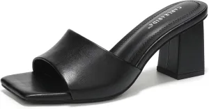Women's Square Open Toe Heeled Sandals Glossy Material Mules Slip On Low Block Chunky Heeled Sandal on Comfortable Casual Dress Pumps Shoes with Sense of Luxury