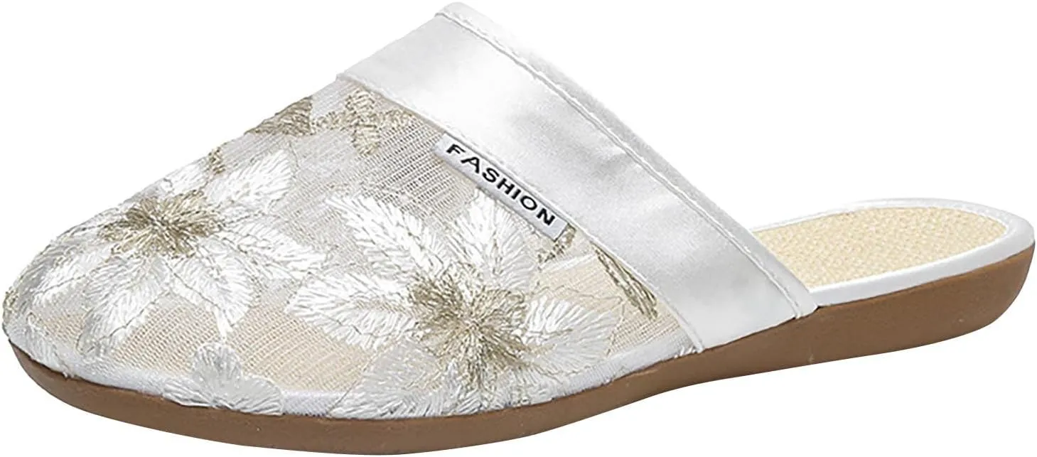 Women's Vintage Printed Lounge Slipper Rubber Sole Closed Toe Sandal Casual Summer Comfy Slide Retro Spa Flats