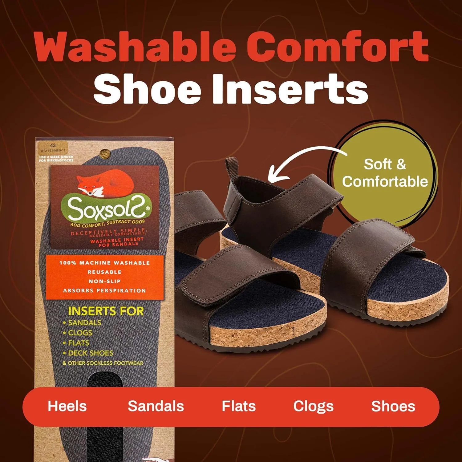 Wool Flat Shoe Insert for Sandals & Sockless Shoes, Comfortable Shoe Insoles with Sweat-Absorbent Natural Fiber & Non-Slip Silicone Grip, Wide-Cut Foot Soles for Men & Women, Black, Size 41 - SoxsolS