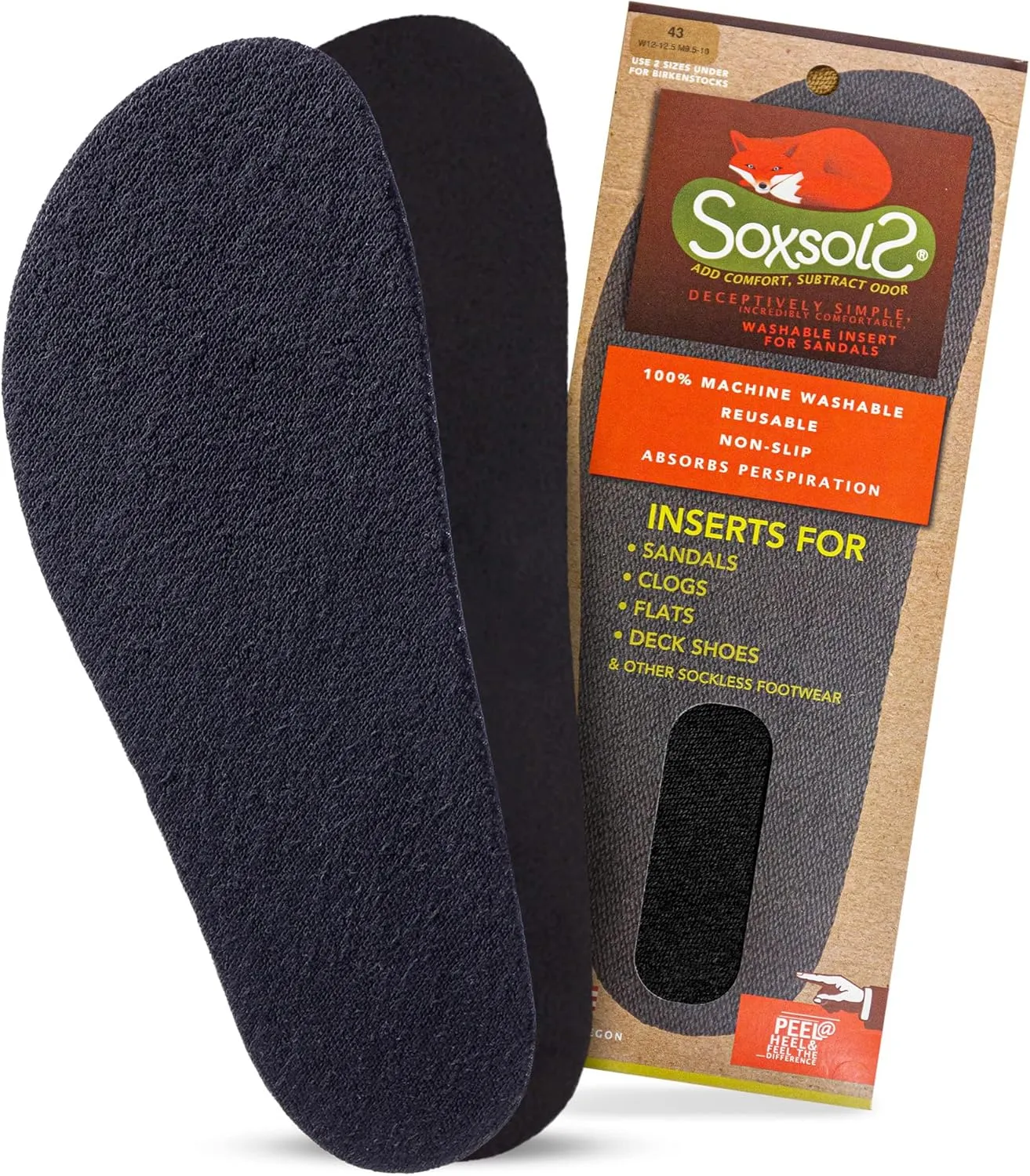 Wool Flat Shoe Insert for Sandals & Sockless Shoes, Comfortable Shoe Insoles with Sweat-Absorbent Natural Fiber & Non-Slip Silicone Grip, Wide-Cut Foot Soles for Men & Women, Black, Size 41 - SoxsolS