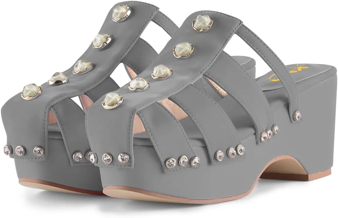 XYD Women's Crystal Diamond Platform Sandal High Heels Wedge Closed Round Toe Slip On Pearl Mules Summer Dress Party Slippers Shoes