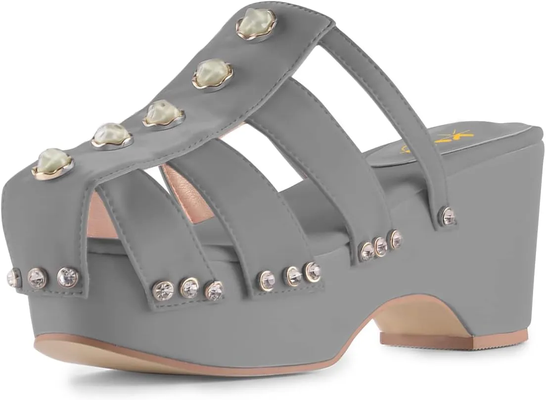 XYD Women's Crystal Diamond Platform Sandal High Heels Wedge Closed Round Toe Slip On Pearl Mules Summer Dress Party Slippers Shoes
