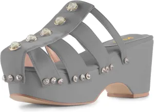 XYD Women's Crystal Diamond Platform Sandal High Heels Wedge Closed Round Toe Slip On Pearl Mules Summer Dress Party Slippers Shoes