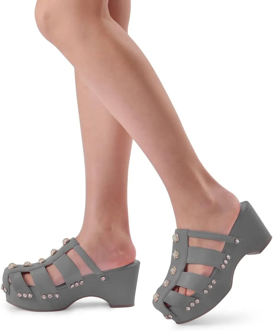 XYD Women's Crystal Diamond Platform Sandal High Heels Wedge Closed Round Toe Slip On Pearl Mules Summer Dress Party Slippers Shoes