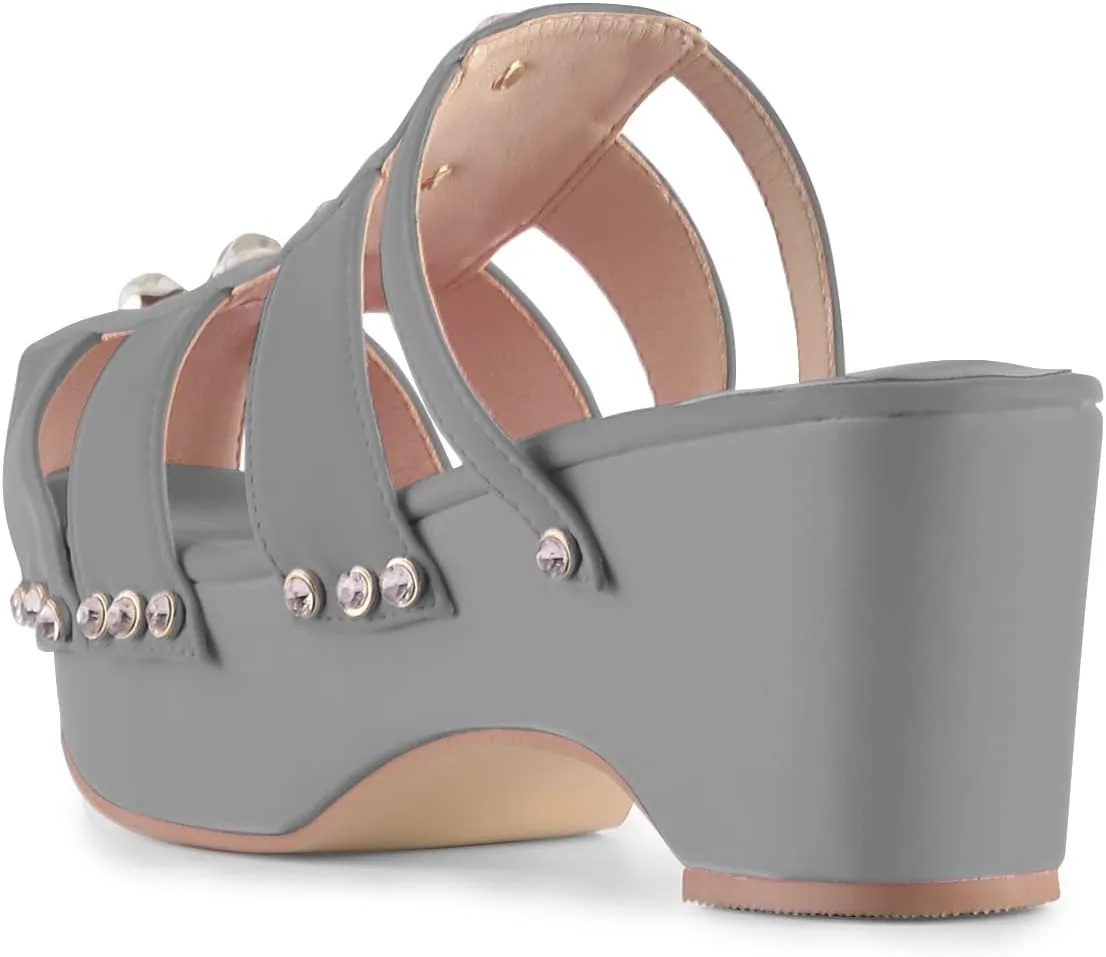 XYD Women's Crystal Diamond Platform Sandal High Heels Wedge Closed Round Toe Slip On Pearl Mules Summer Dress Party Slippers Shoes