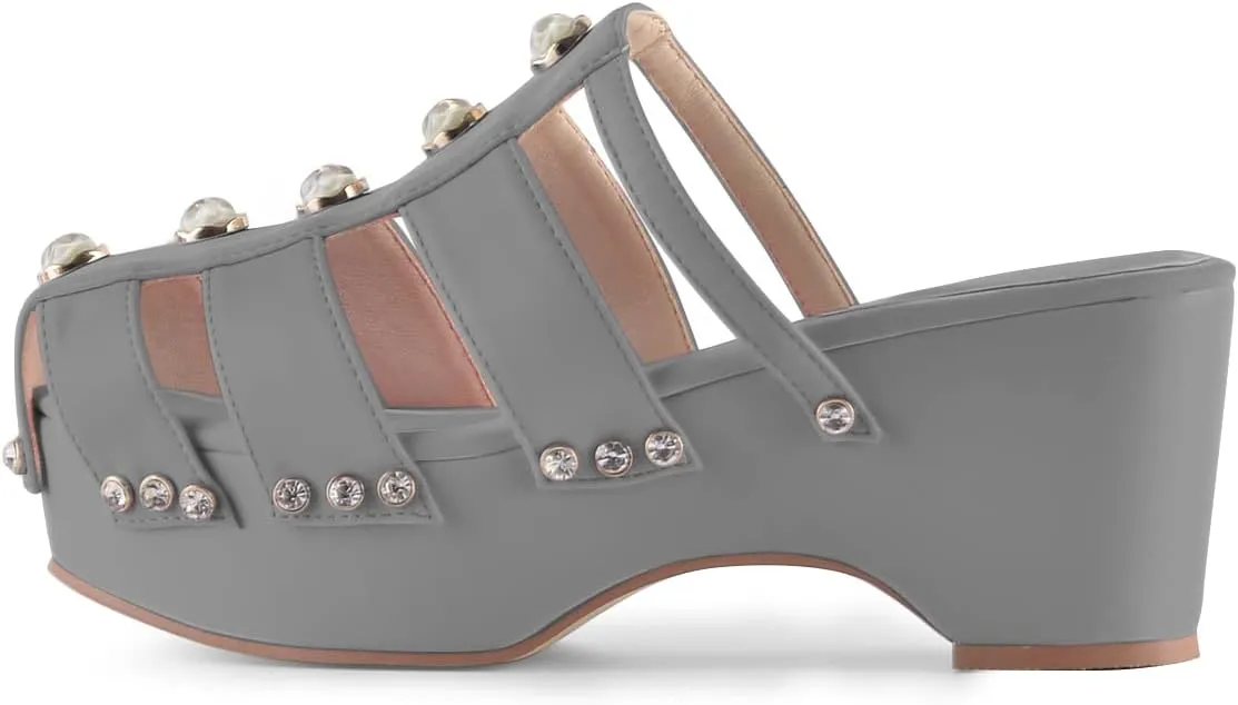 XYD Women's Crystal Diamond Platform Sandal High Heels Wedge Closed Round Toe Slip On Pearl Mules Summer Dress Party Slippers Shoes