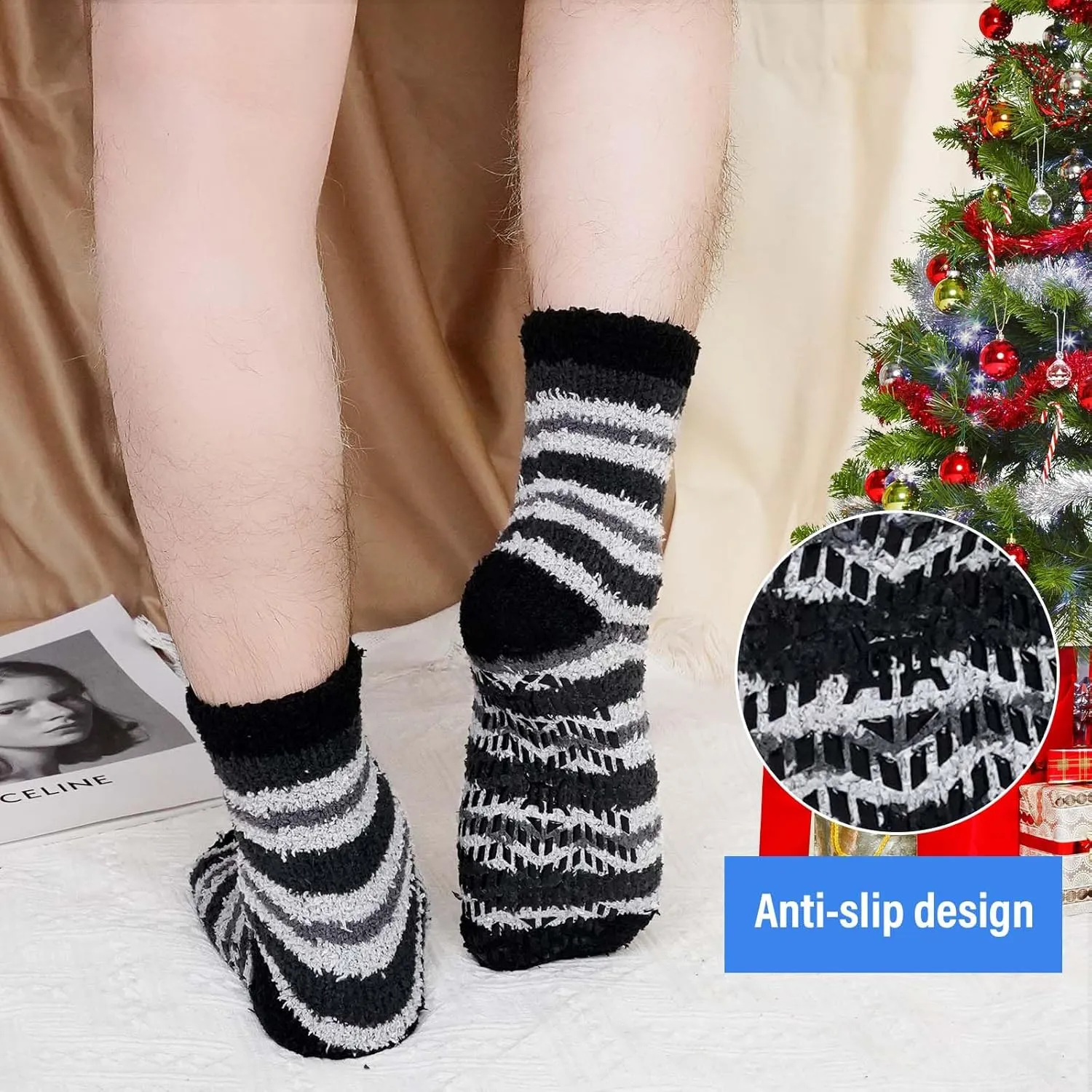 ZAKASA Fuzzy Socks for Men with Grips Winter Warm Thick Mens Slipper Socks Fluffy Cozy Non Slip Grippers Socks 5 Pairs