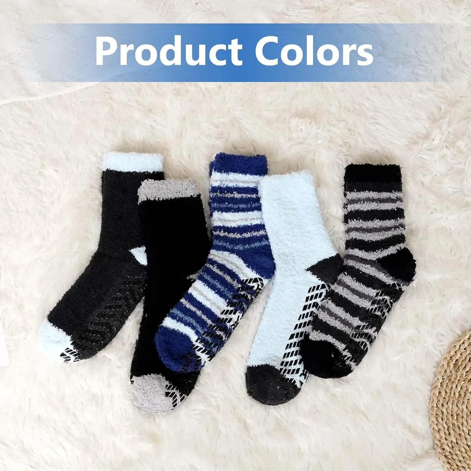 ZAKASA Fuzzy Socks for Men with Grips Winter Warm Thick Mens Slipper Socks Fluffy Cozy Non Slip Grippers Socks 5 Pairs