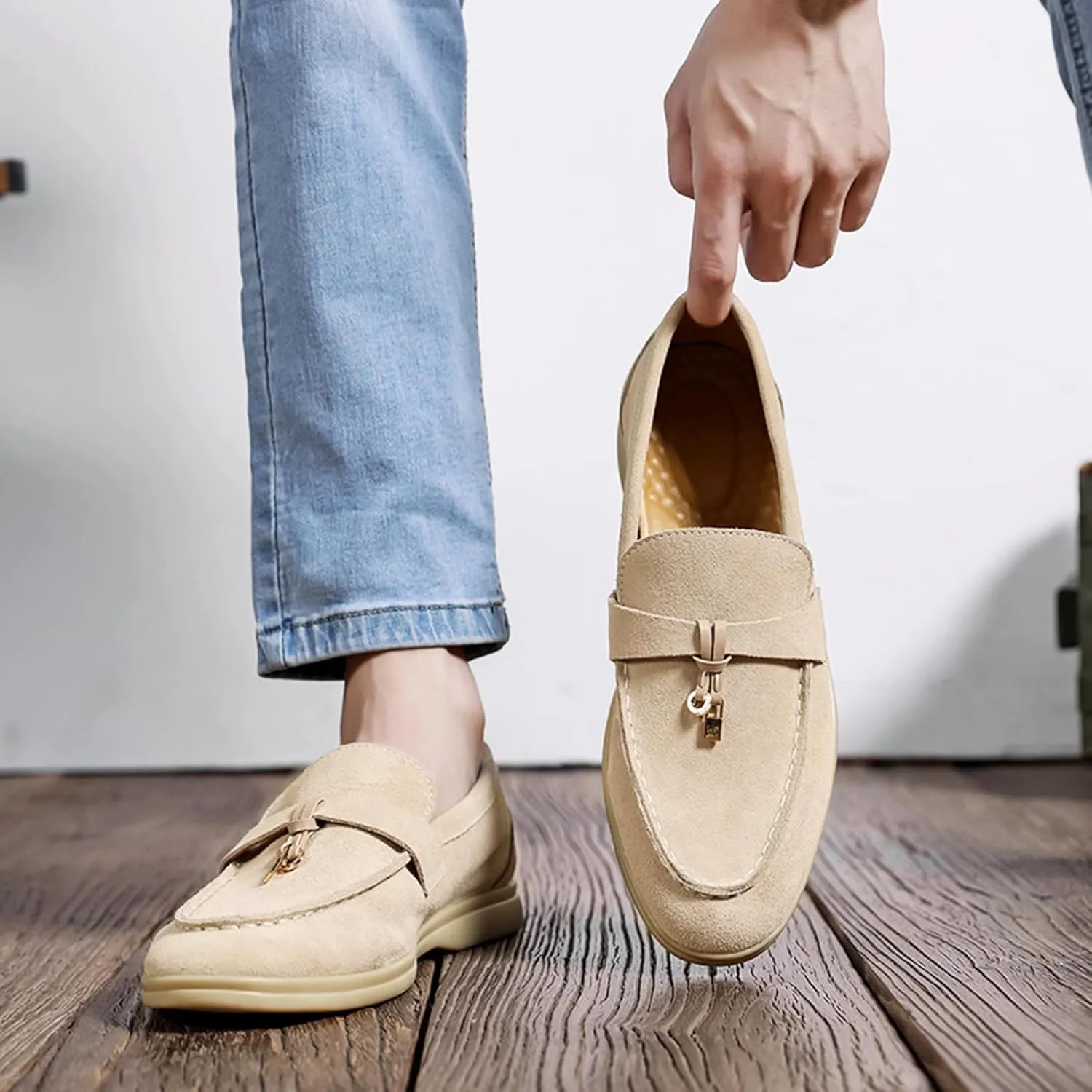 Zeberfi Men's Luxury Suede Penny Loafers Shoes with Pendant Decor,British Retro Casual Slip On Flats Tuxedo Dress Shoes for Prom Wedding