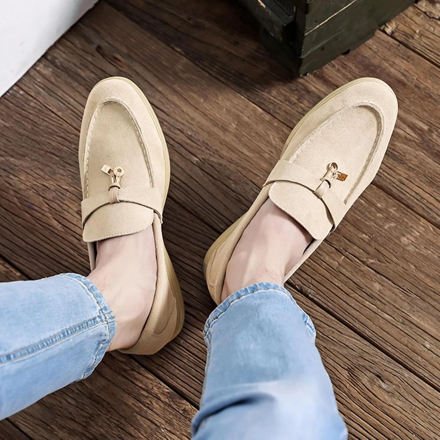 Zeberfi Men's Luxury Suede Penny Loafers Shoes with Pendant Decor,British Retro Casual Slip On Flats Tuxedo Dress Shoes for Prom Wedding