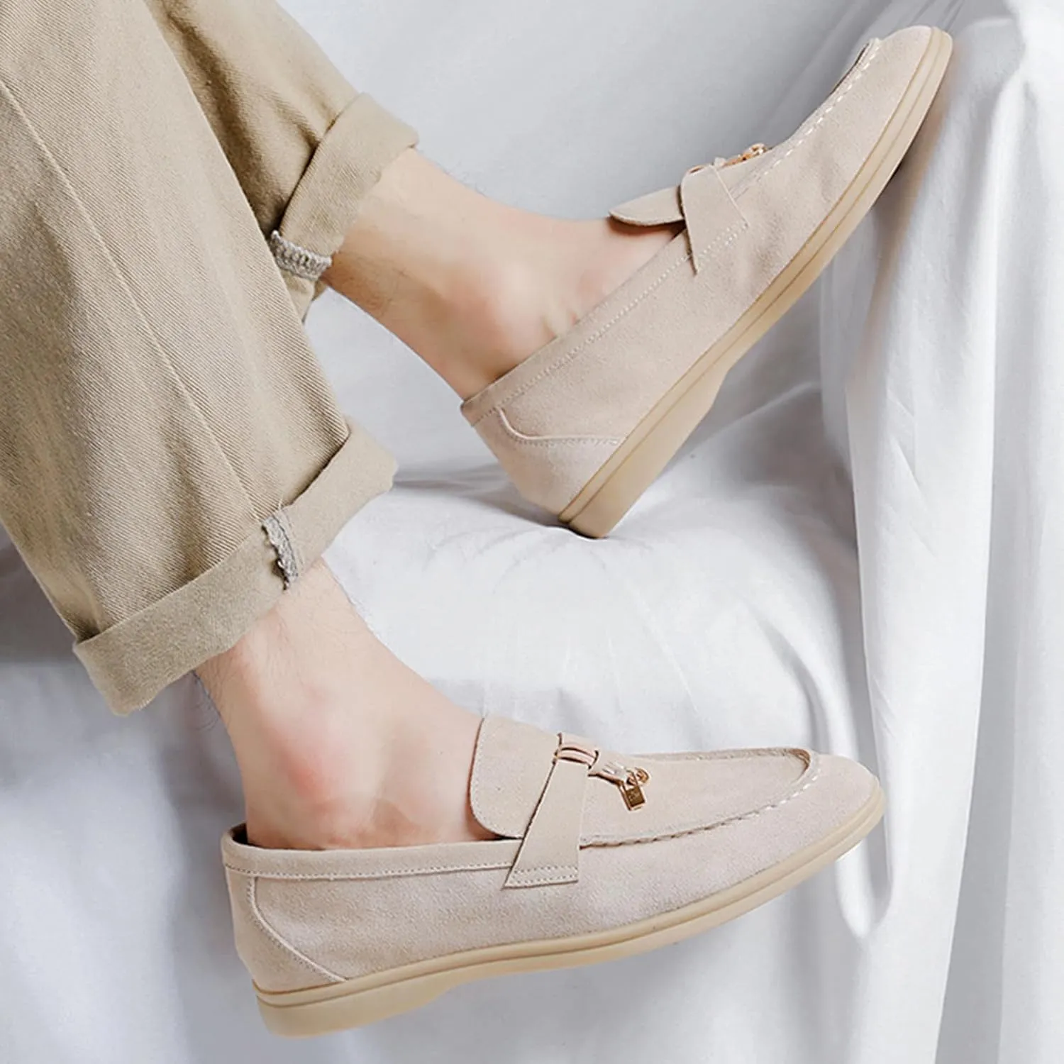 Zeberfi Men's Luxury Suede Penny Loafers Shoes with Pendant Decor,British Retro Casual Slip On Flats Tuxedo Dress Shoes for Prom Wedding